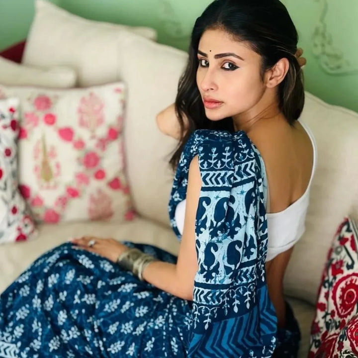 Indigo Neelam - Mulmul Cotton Pre-stitched Ready to Wear Saree with Pocket