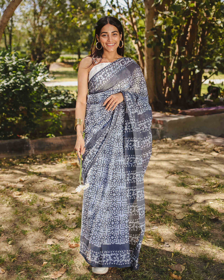 Smoke Pop - Grey Batik Pure Mulmul Cotton Saree