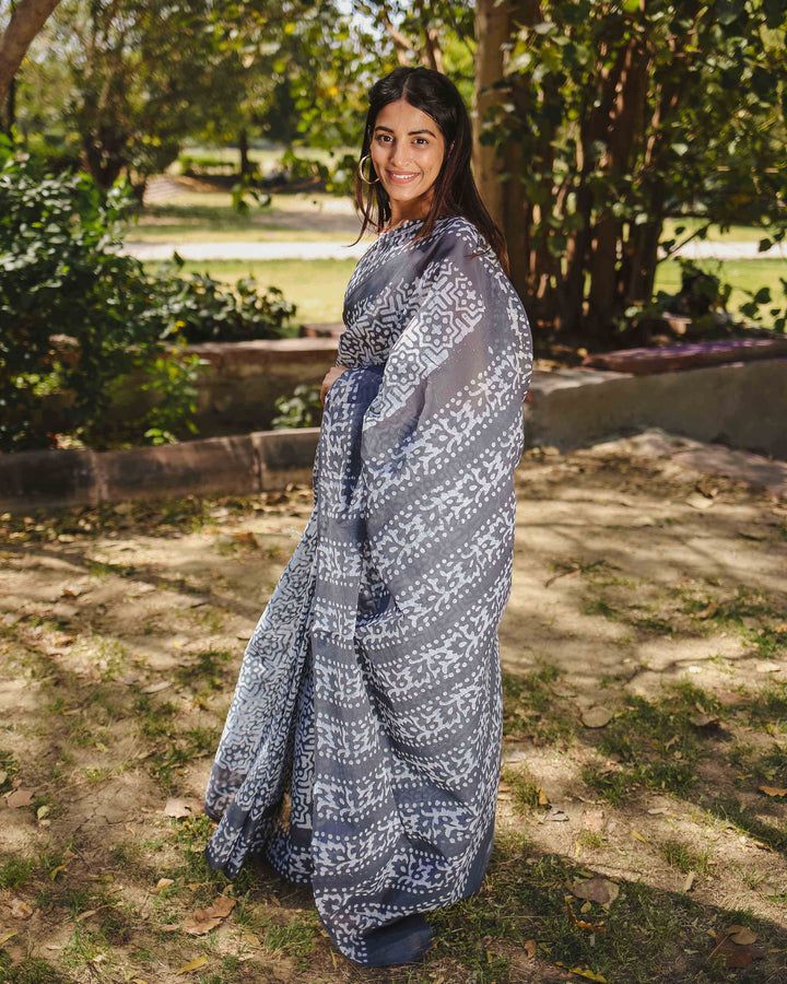 Smoke Pop - Grey Batik Pure Mulmul Cotton Saree