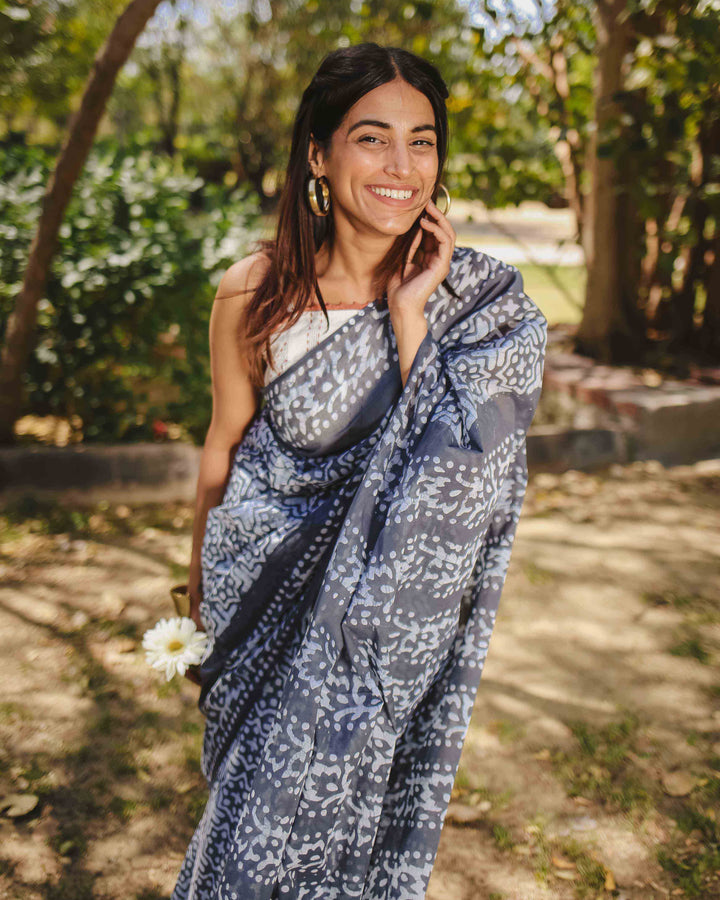 Smoke Pop - Grey Batik Pure Mulmul Cotton Saree