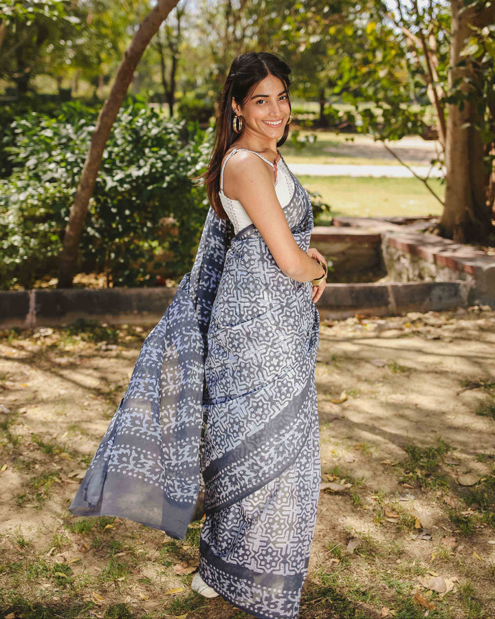 Smoke Pop - Grey Batik Pure Mulmul Cotton Saree
