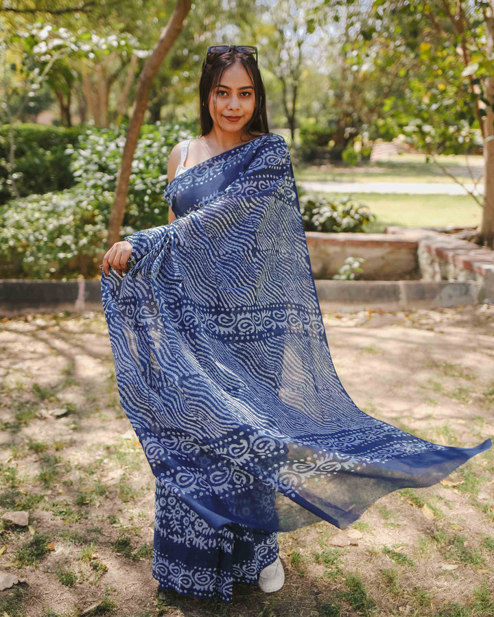 Midnight Blue - Batik Pure Mulmul Cotton Saree