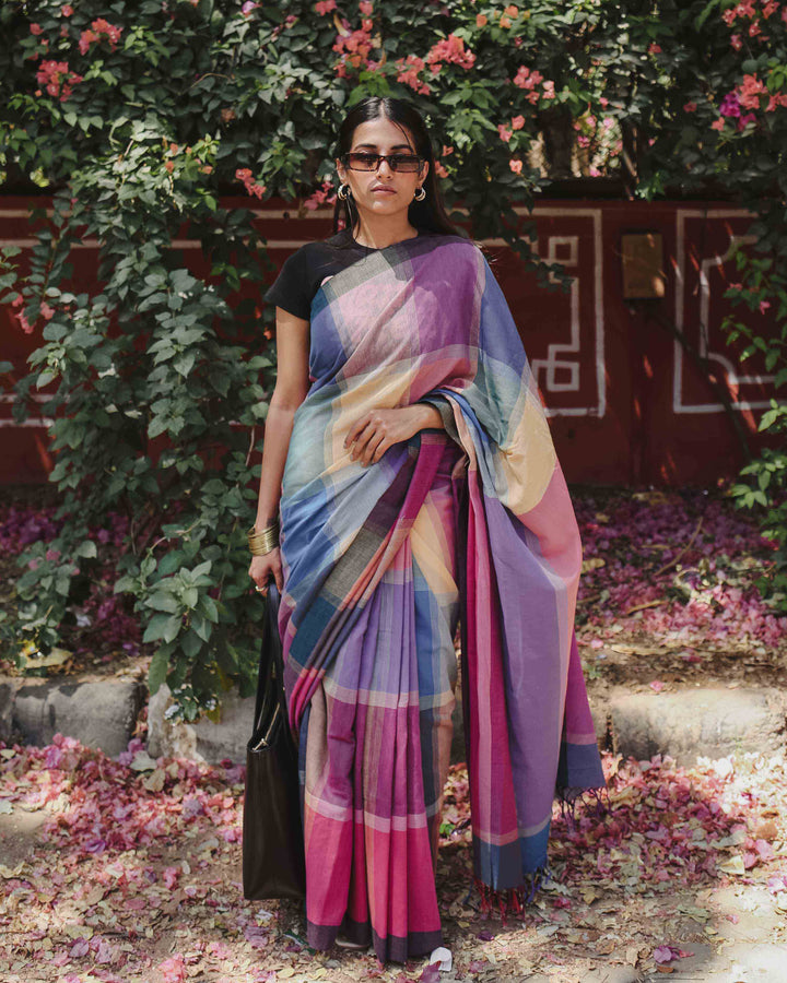 Power Play - Multicolour Checked Organic Cotton Pre-stitched Ready to Wear Saree with Pocket
