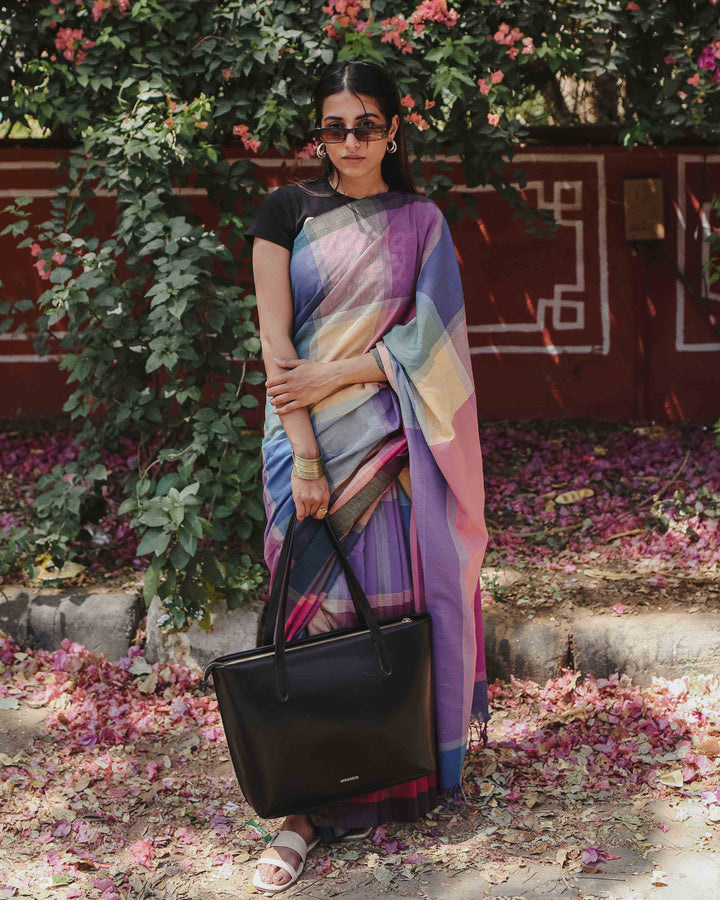 Power Play - Multicolour Checked Organic Cotton Pre-stitched Ready to Wear Saree with Pocket