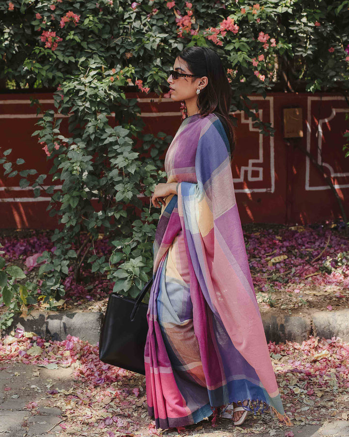 Power Play - Multicolour Checked Organic Cotton Pre-stitched Ready to Wear Saree with Pocket