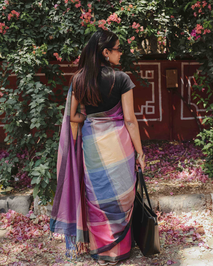 Power Play - Multicolour Checked Organic Cotton Pre-stitched Ready to Wear Saree with Pocket