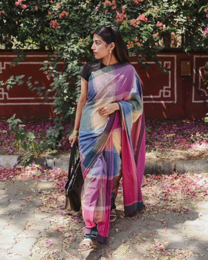 Power Play - Multicolour Checked Organic Cotton Pre-stitched Ready to Wear Saree with Pocket