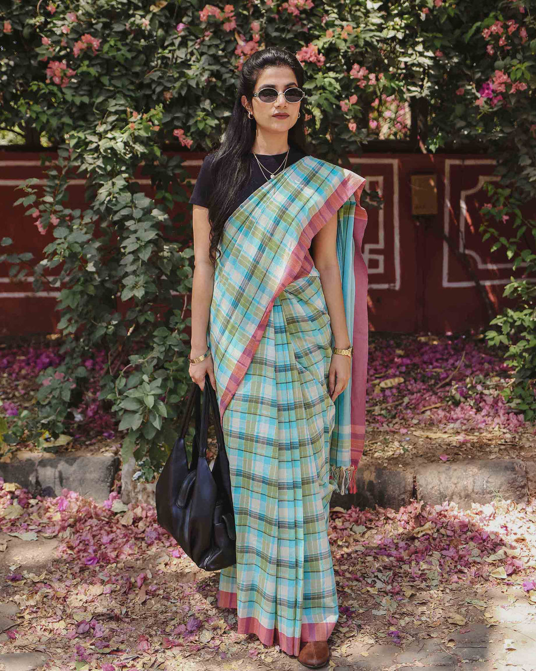 On the Clock - Turquoise & Green Checked Organic Cotton Pre-stitched Ready to Wear Saree with Pocket