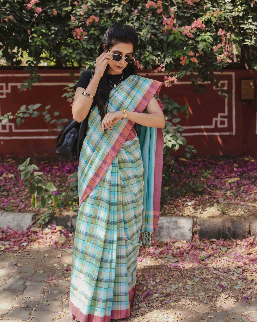 On the Clock - Turquoise & Green Checked Organic Cotton Pre-stitched Ready to Wear Saree with Pocket