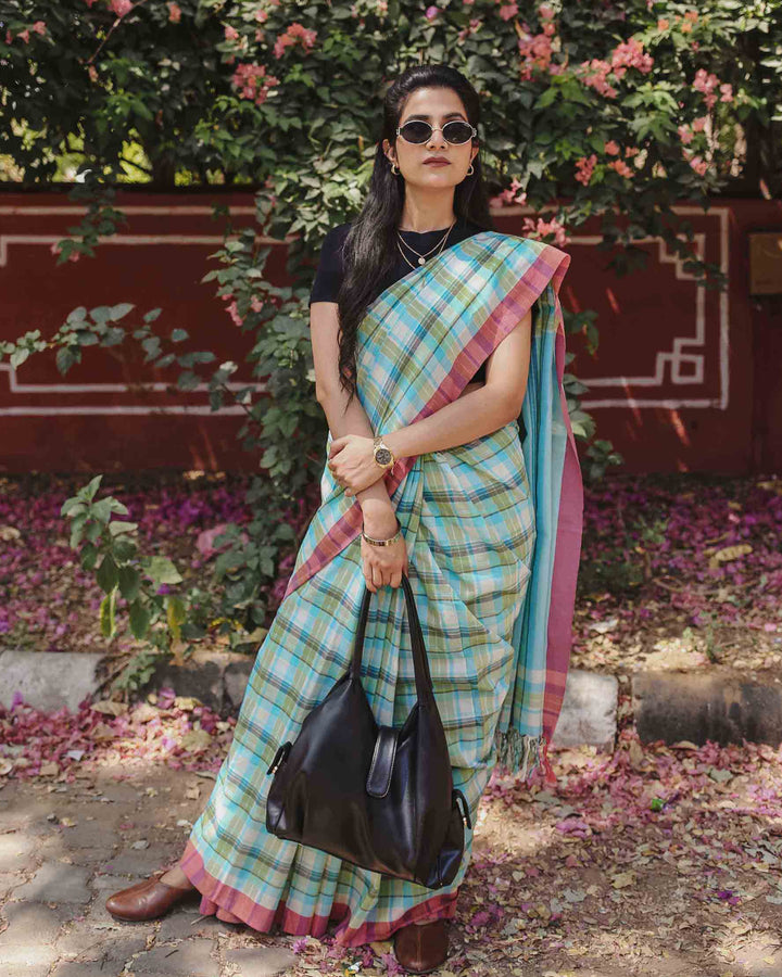 On the Clock - Turquoise & Green Checked Organic Cotton Saree