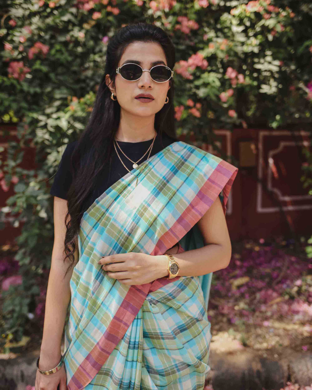On the Clock - Turquoise & Green Checked Organic Cotton Pre-stitched Ready to Wear Saree with Pocket
