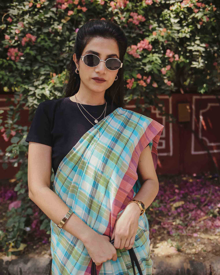 On the Clock - Turquoise & Green Checked Organic Cotton Saree