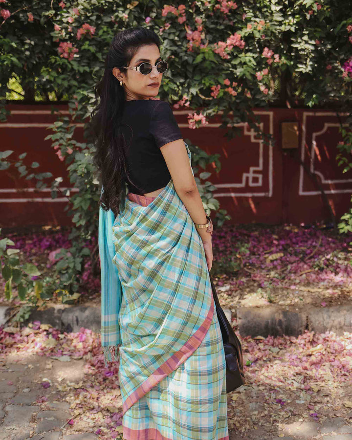 On the Clock - Turquoise & Green Checked Organic Cotton Pre-stitched Ready to Wear Saree with Pocket