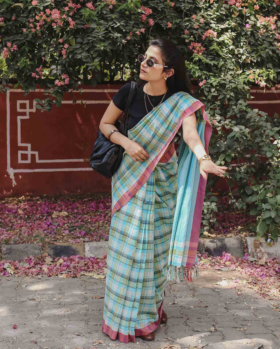 On the Clock - Turquoise & Green Checked Organic Cotton Pre-stitched Ready to Wear Saree with Pocket