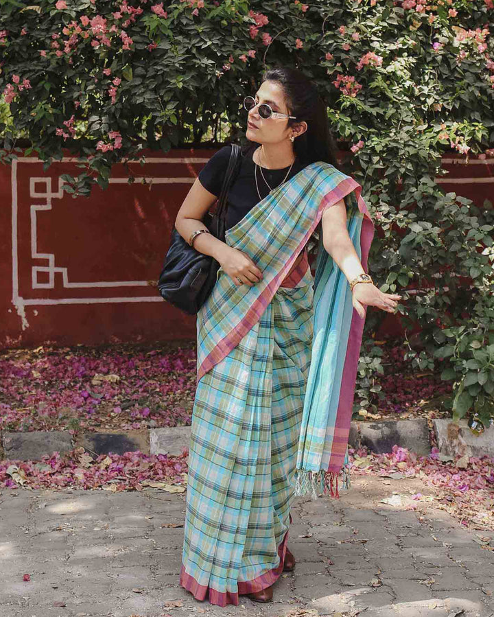 On the Clock - Turquoise & Green Checked Organic Cotton Pre-stitched Ready to Wear Saree with Pocket
