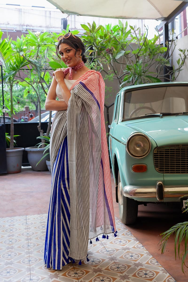 Laila Hand Block Print Mul Mul Cotton Saree