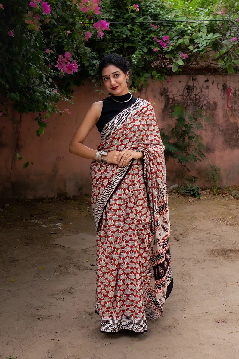 Lotus sutra - Mulmul Cotton Pre-stitched Ready to Wear Saree with Pocket