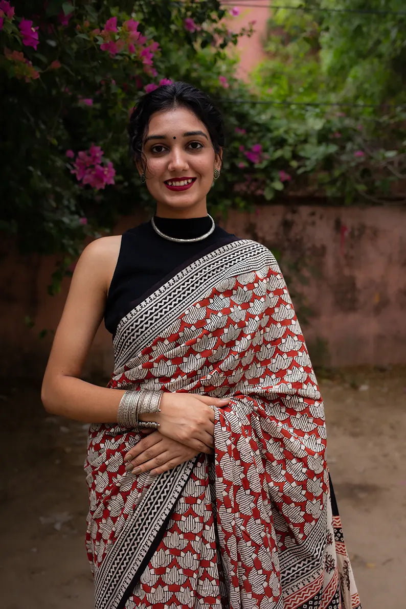 Lotus Sutra - Hand Block Print Mulmul Cotton Bagru Saree