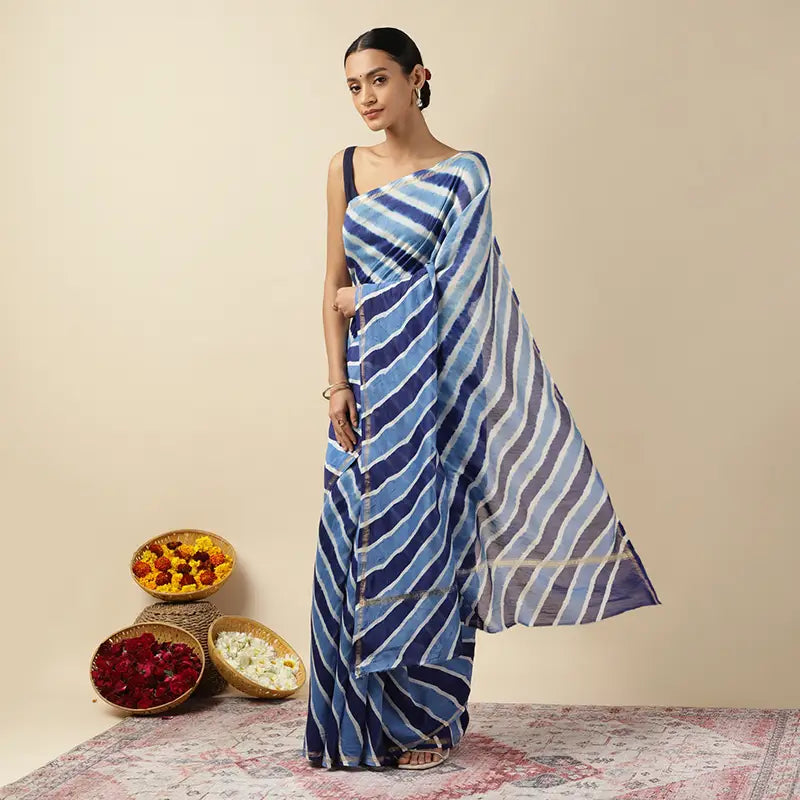 Blue Waves Leheriya Tie-dye Chanderi Silk saree