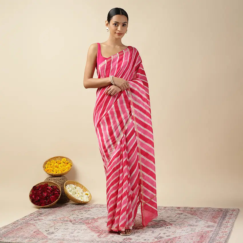 Rani Pink Leheriya Tie-dye Chanderi Silk saree
