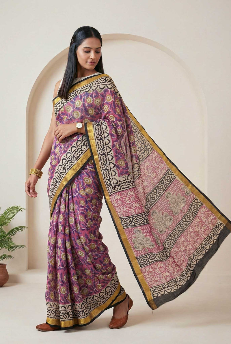 Lavanya - Hand Block Print Silk Cotton Maheshwari Saree