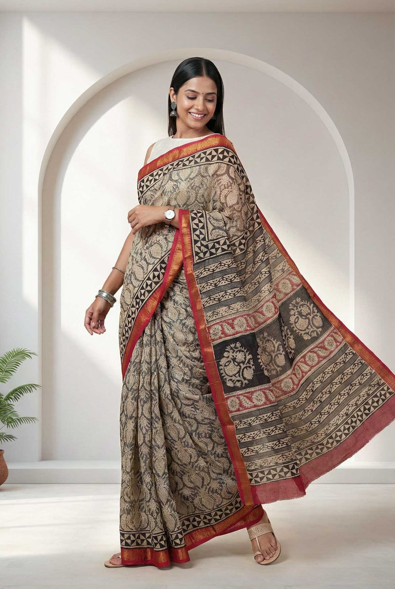 Shaila - Hand Block Print Silk Cotton Maheshwari Saree