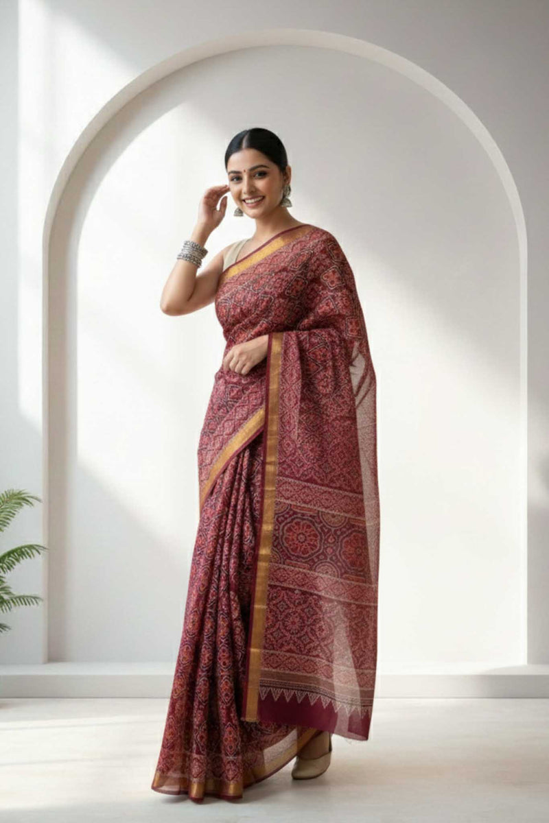 Nirjhari - Hand Block Print Silk Cotton Maheshwari Saree