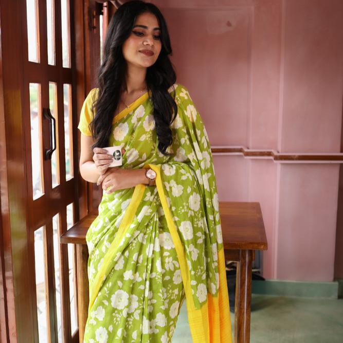 Misty Memories Printed Mulmul Cotton Pre-stitched Ready to Wear Saree with Pocket