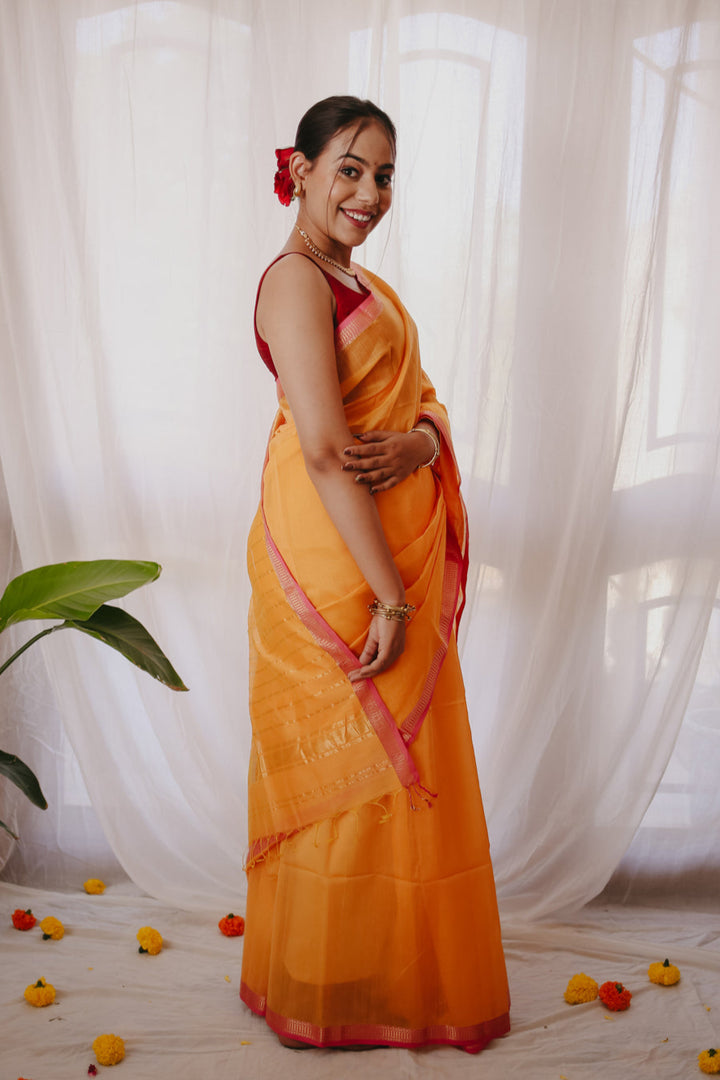 Yellow Pure Silk Cotton Maheshwari Saree