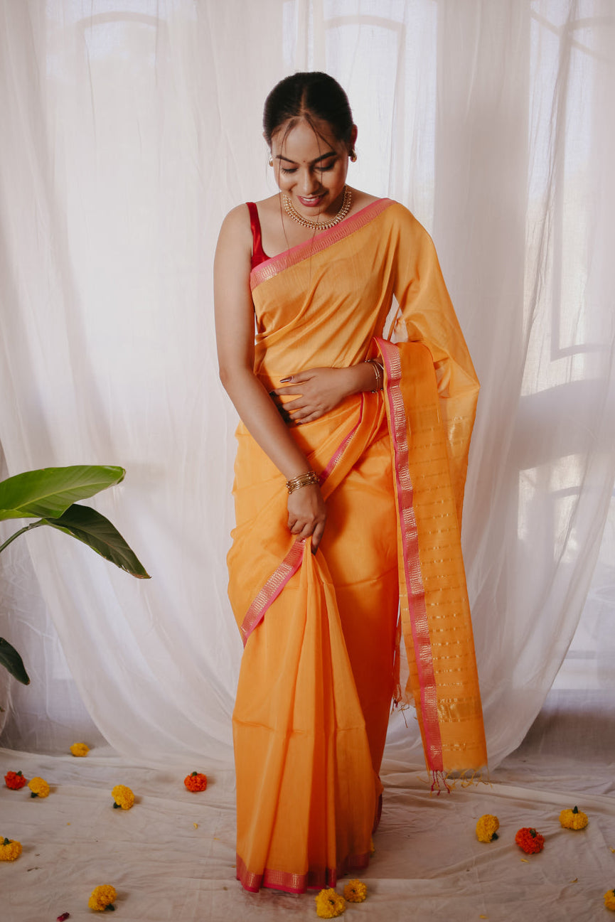 Yellow Pure Silk Cotton Maheshwari Saree