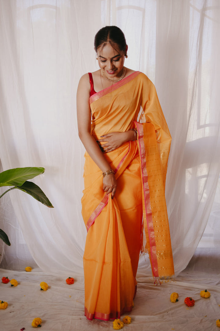 Yellow Pure Silk Cotton Maheshwari Saree