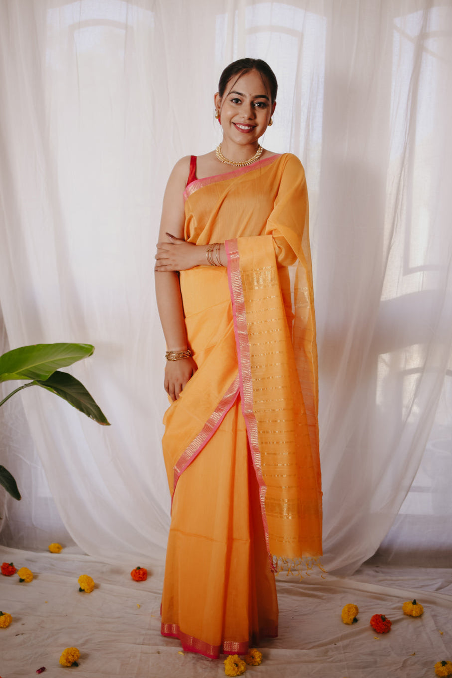Yellow Pure Silk Cotton Maheshwari Saree