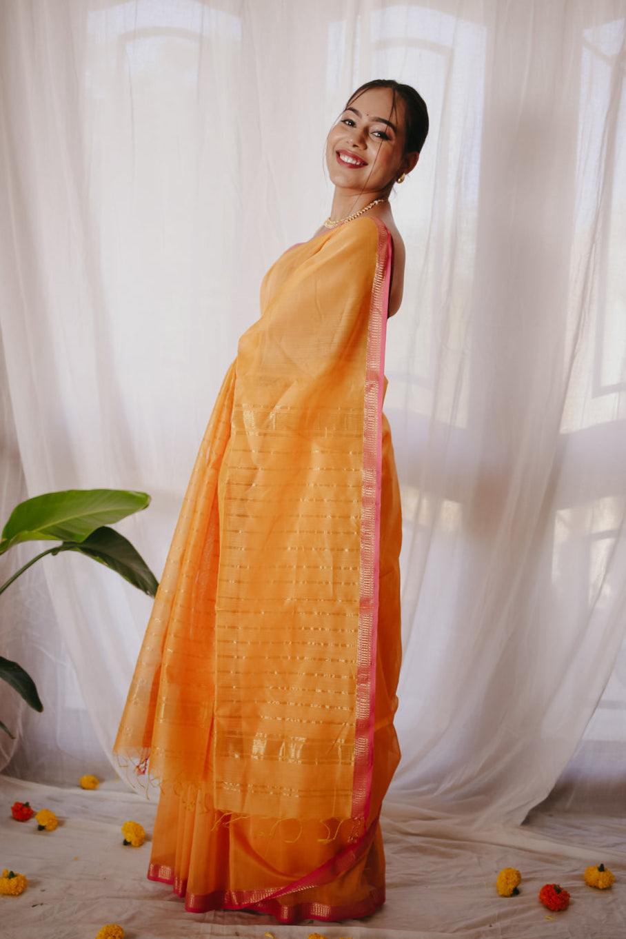 Yellow Pure Silk Cotton Maheshwari Saree