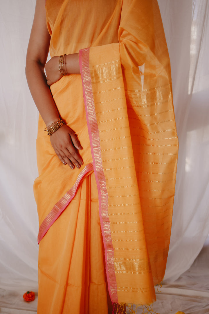 Yellow Pure Silk Cotton Maheshwari Saree