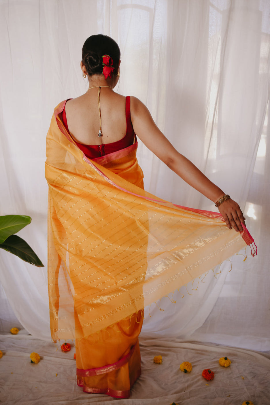 Yellow Pure Silk Cotton Maheshwari Saree