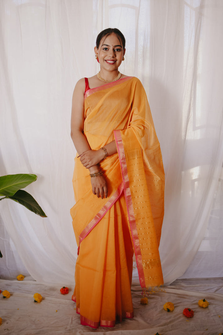 Yellow Pure Silk Cotton Maheshwari Saree