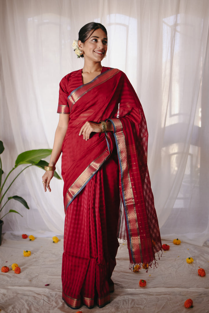 Red Pure Silk Cotton Maheshwari Saree