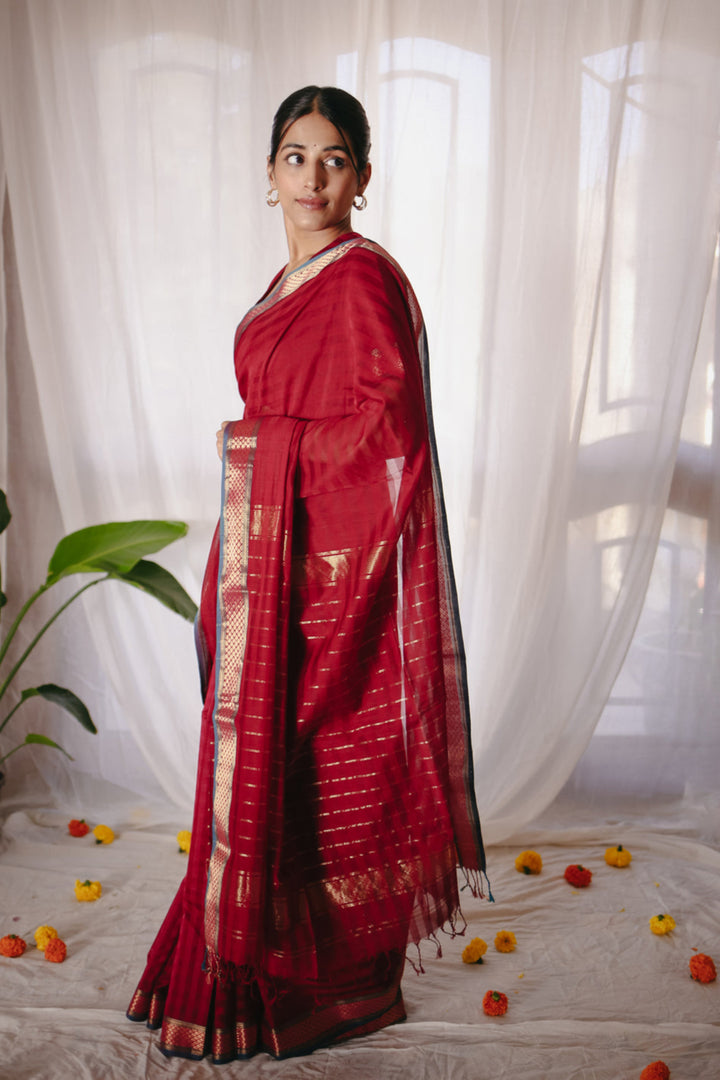 Red Pure Silk Cotton Maheshwari Saree