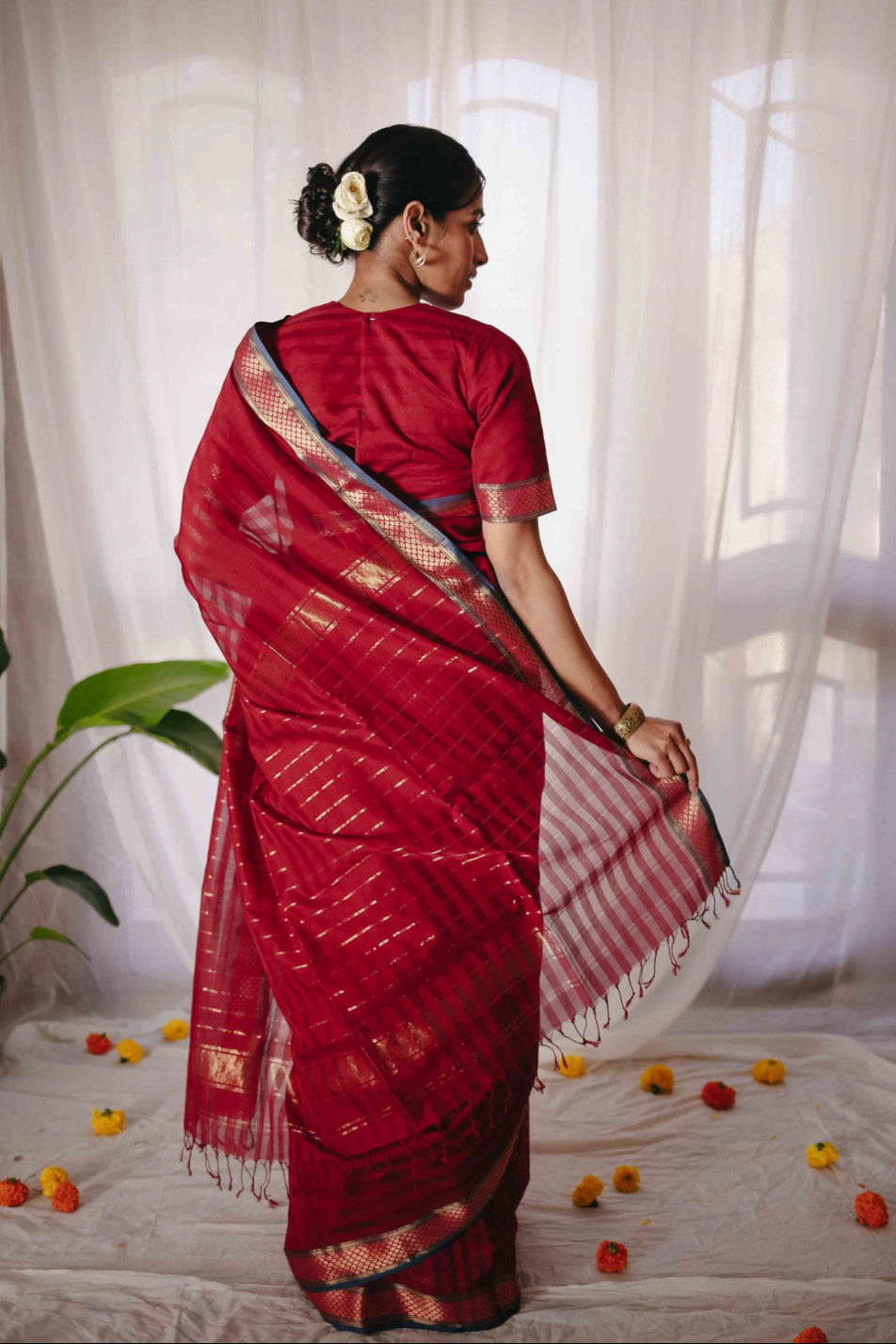 Red Pure Silk Cotton Maheshwari Saree