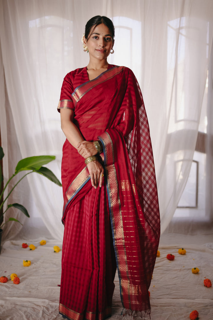 Red Pure Silk Cotton Maheshwari Saree