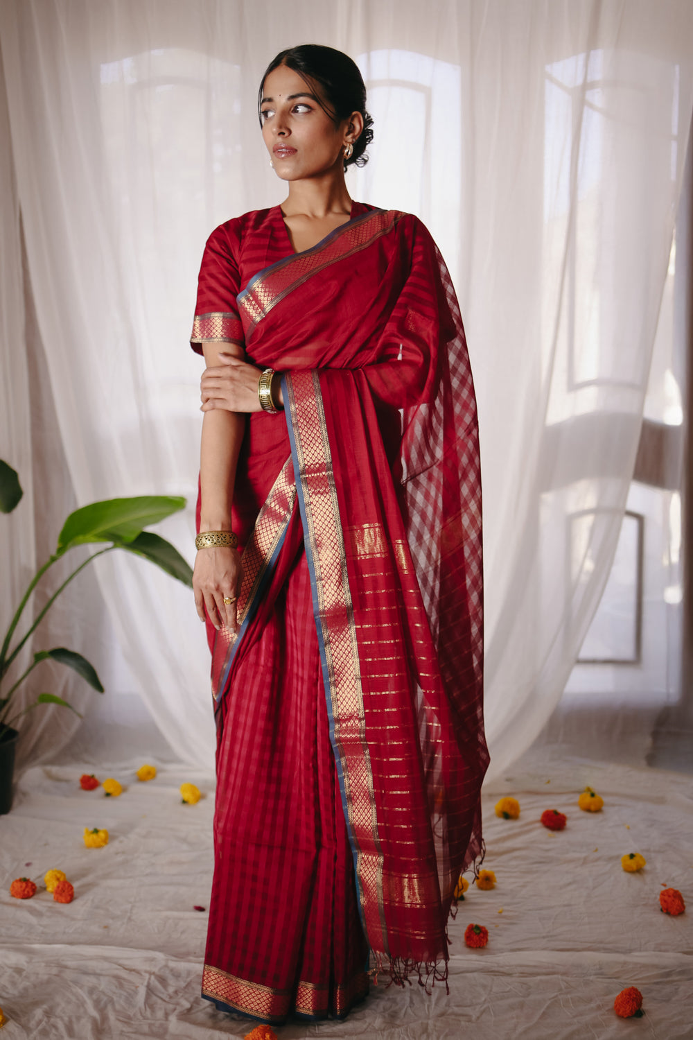 Red Pure Silk Cotton Maheshwari Saree