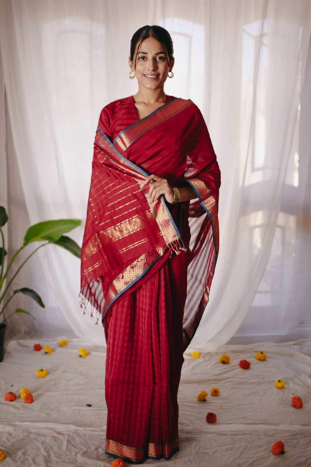Red Pure Silk Cotton Maheshwari Saree