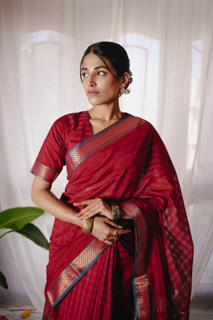 Red Pure Silk Cotton Maheshwari Saree