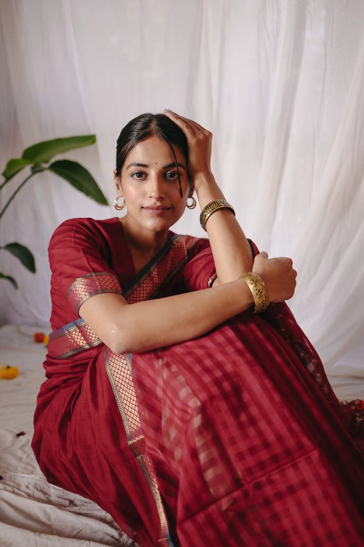 Red Pure Silk Cotton Maheshwari Saree