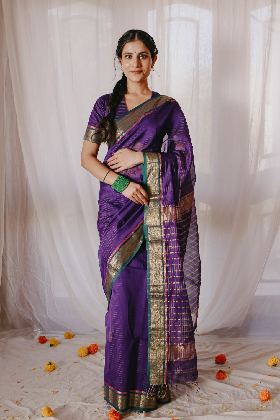 Dark Purple Pure Silk Cotton Maheshwari Saree