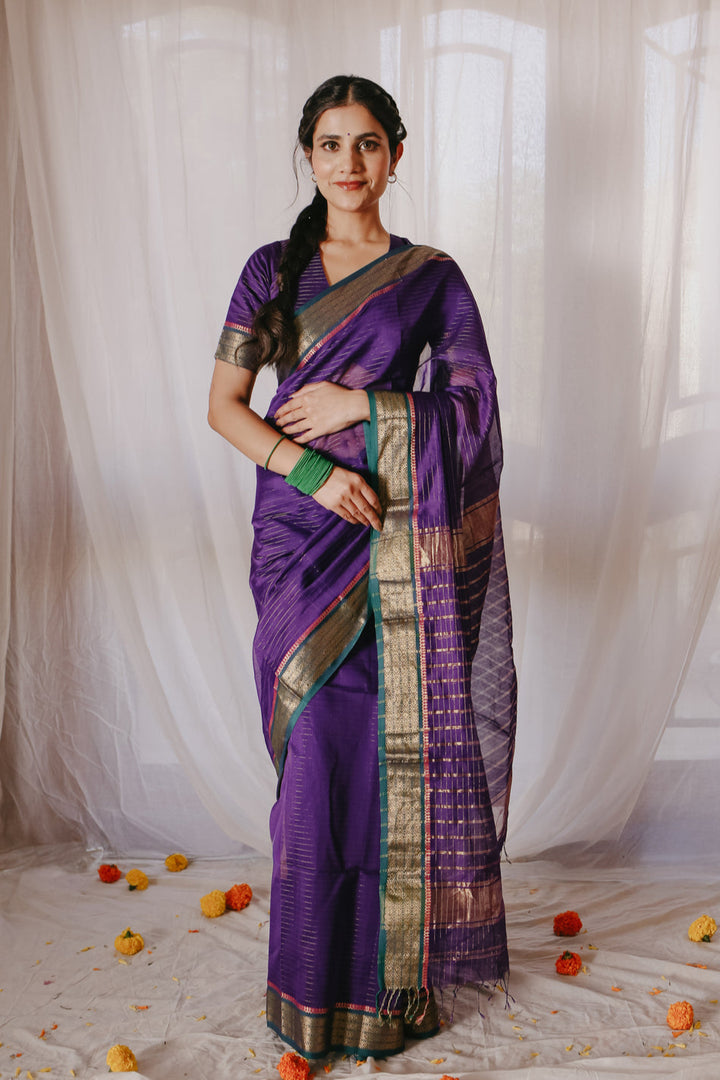 Dark Purple Pure Silk Cotton Maheshwari Saree