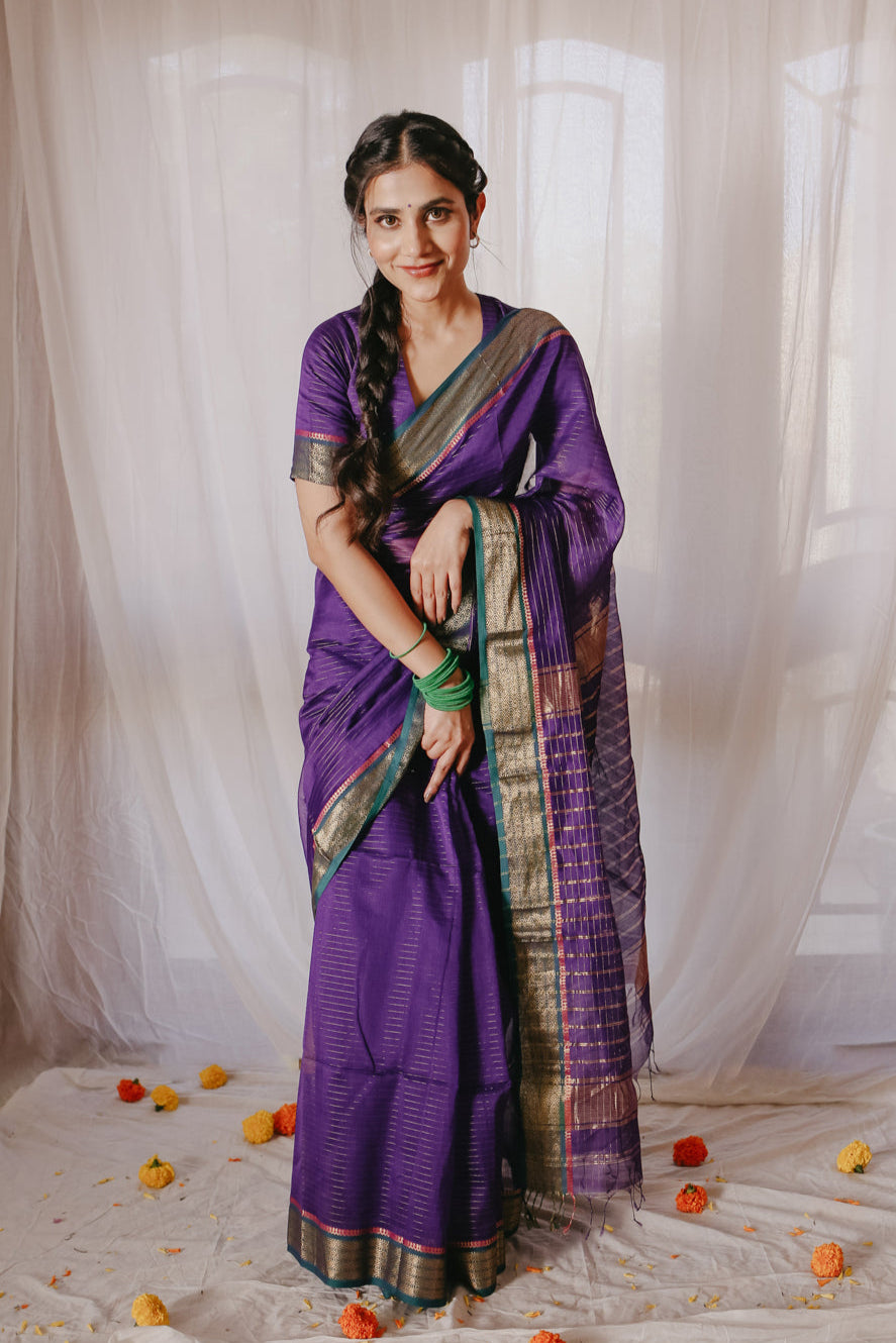 Dark Purple Pure Silk Cotton Maheshwari Saree