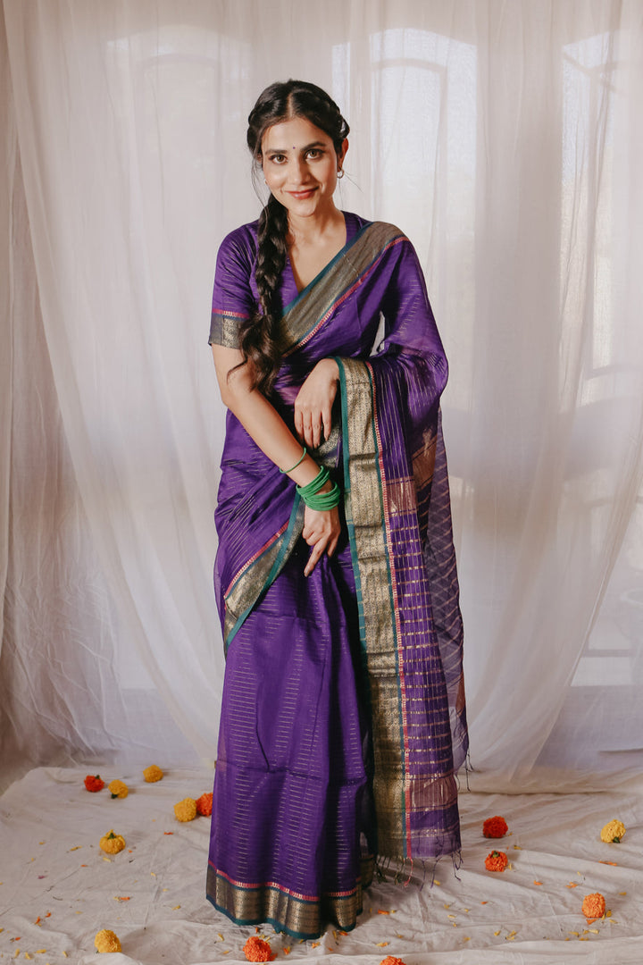Dark Purple Pure Silk Cotton Maheshwari Saree