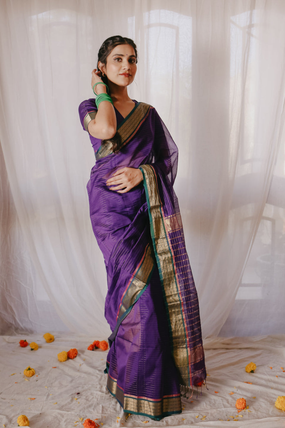 Dark Purple Pure Silk Cotton Maheshwari Saree