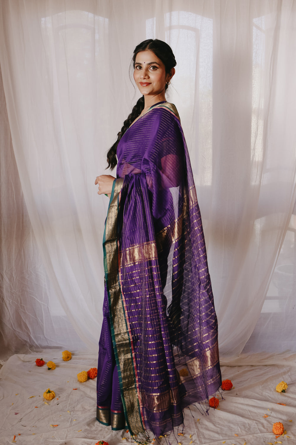 Dark Purple Pure Silk Cotton Maheshwari Saree